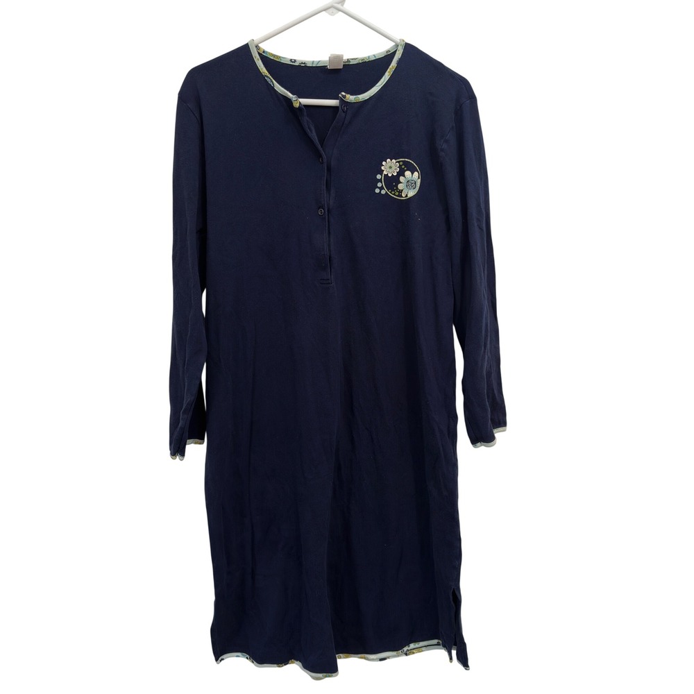 Calida Switzerland Nightgown Navy Floral Cotton Henley Long Sleeve Cottage XS